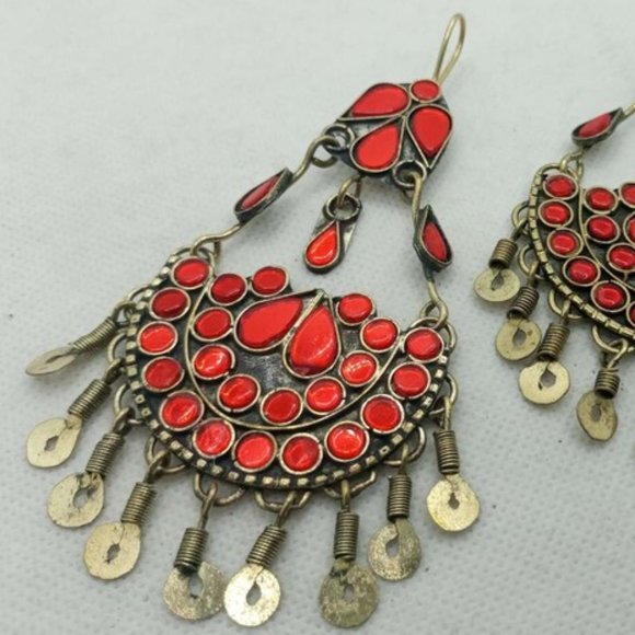 Glass Stones Kuchi Earrings With Dangling Tassels, Tribal Dangle Earrings - Picture 2 of 4